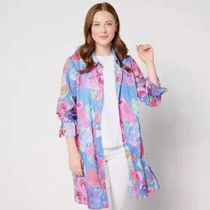 Susan Graver Woven Clip Jcqd Bttn Frnt Duster-Coblt/Fuchsia-Petite Small-A649299